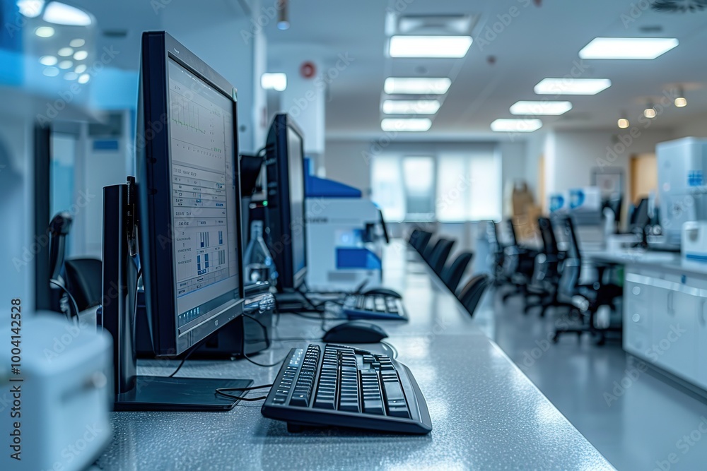 Poster a computer lab with several computers and keyboards