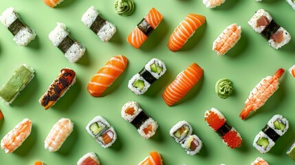 Sushi variety pattern on colorful background