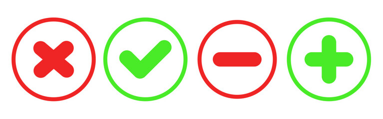 Set of check marks, x marks, plus and minus sign icons in circle shape. EPS 10. Isolated on a white background. Vector graphics