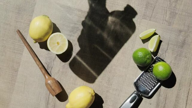 An arrangement of lemons and limes with a grater and muddler on a wooden surface. Sunlight casts a shadow of a bottle, creating an artistic composition ideal for a culinary or beverage preparation the
