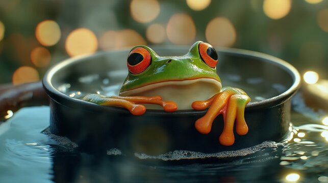 a content frog relaxing in a pot of boiling water