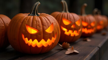 4K picture with carved angry pumpkins on wooden surface for Halloween celebration.
