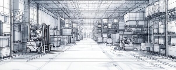 Wireframe design of automated cargo handling equipment, showing forklifts and robots managing cargo in a futuristic warehouse