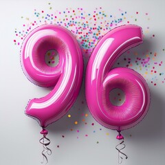 Pink birthday / anniversary balloon, number 96, white background with confetti