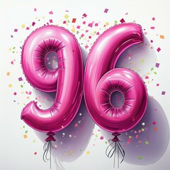 Pink birthday / anniversary balloon, number 96, white background with confetti