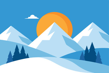 Winter mountain landscape with snow and sunrise. Vector design illustration