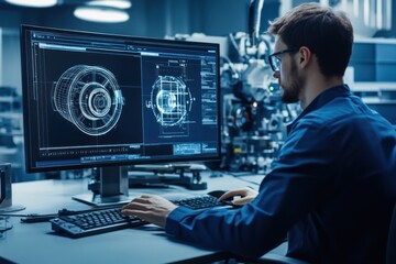 Technician developing complex mechanical model on screen.