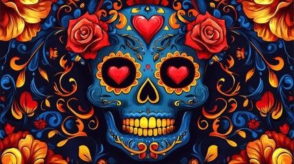 Naklejka premium Colorful sugar skull with floral motifs