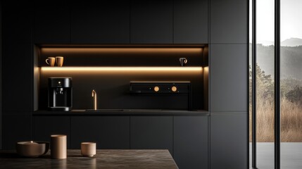 Modern kitchen countertop with black cabinets, a coffee machine, and a sink with a view of a grassy field and trees through a large window.