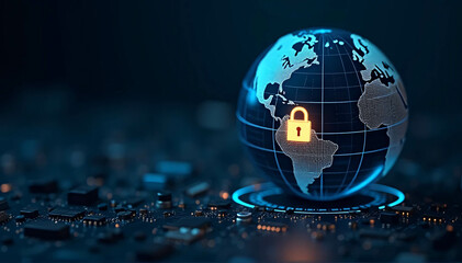 Globe or digital planet earth on a dark background with a digital padlock over a circuit board. notion of digital defense and worldwide cybersecurity.
