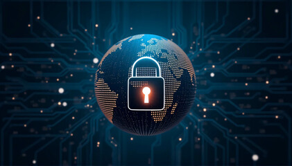 Globe or digital planet earth on a dark background with a digital padlock over a circuit board. notion of digital defense and worldwide cybersecurity.
