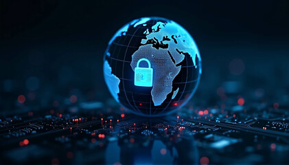 Globe or digital planet earth on a dark background with a digital padlock over a circuit board. notion of digital defense and worldwide cybersecurity.
