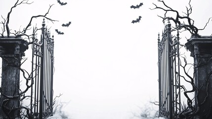 Gothic gates with bats on white background