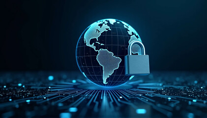 Globe or digital planet earth on a dark background with a digital padlock over a circuit board. notion of digital defense and worldwide cybersecurity.
