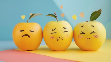 yellow apples with drawn emotions isolated on colorful background