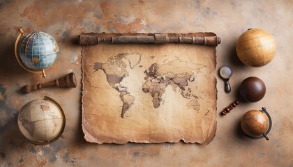 Vintage Globes and Map on Old Paper