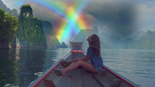 Young woman traveler on longtail boat trip at island hopping in Cheow Lan Lake - Wanderlust and travel concept with adventure girl tourist wanderer on excursion in Thailand