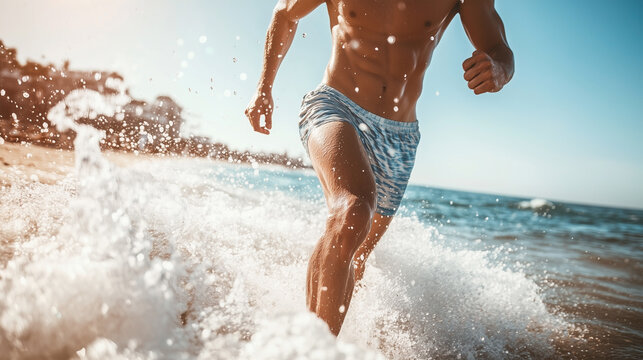 A man running in the ocean with his legs in the water
