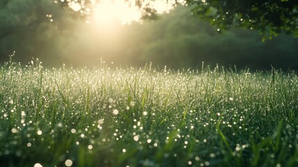 Fototapeta premium Sunrise over a dew-covered field with sunlight filtering through the trees, creating a serene and tranquil morning scene.