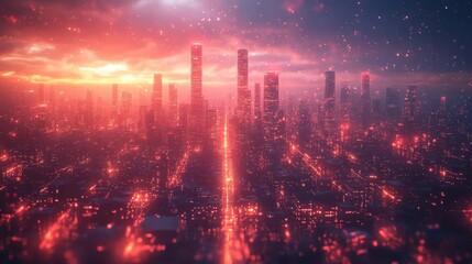 Fototapeta premium cybernetic cityscape with glowing energy grids and data streams flowing through skyscrapers sleek minimalist aesthetic with neon accents