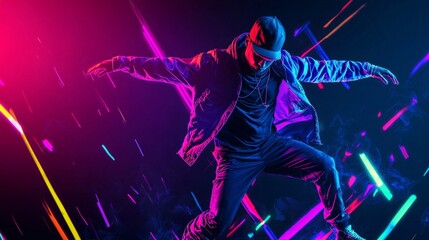 Power and energy. Flyer with young stylish man, break dancer in motion over dark background with neon colorful elements. Youth culture, movement, street style and fashion, action.