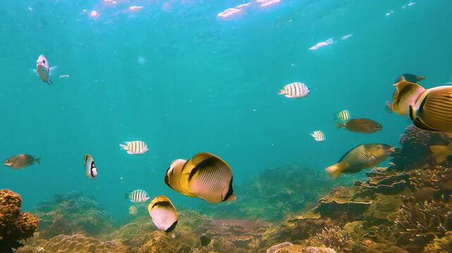 Various tropical fish feed in exotic warm unser water of the ocean among corals seaweed. School of color vibrant fish spawning and feeding shallow water, shoal, biocenosis reef atoll.