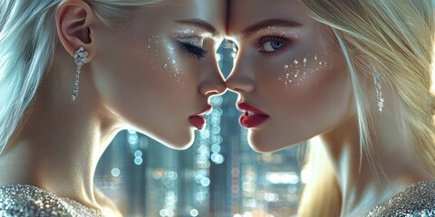 Elegant twin figures against a shimmering skyline.