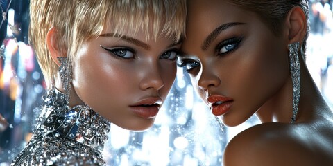 Obraz premium Stylish women in gleaming future fashion scene