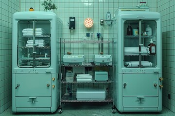 Two green refrigerators with shelves full of towels and bottles