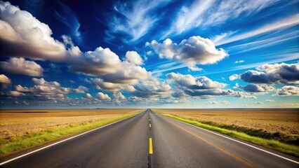 Endless highway stretching into the horizon with beautiful blue sky and clouds
