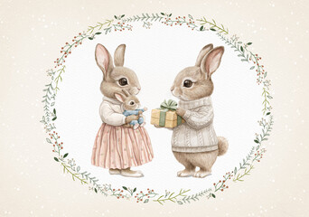 Watercolor vintage composition card with family of rabbits animals in clothes in Christmas wreath around beige snow background. Hand drawn illustration sketch