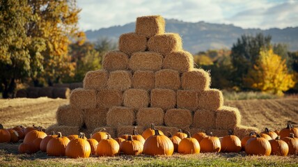 Hay Bale Pyramid with Pumpkins in a Fall Field