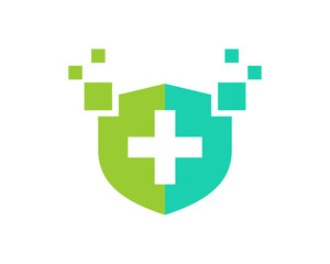 Fototapeta premium Medical cross inside the shield and pixel vector logo
