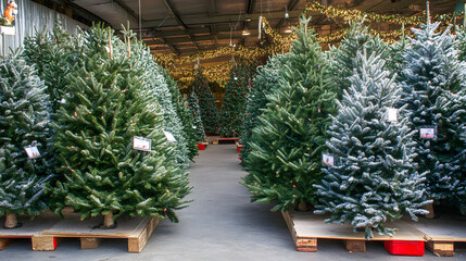 Christmas trees in the farm market for sale in holiday season