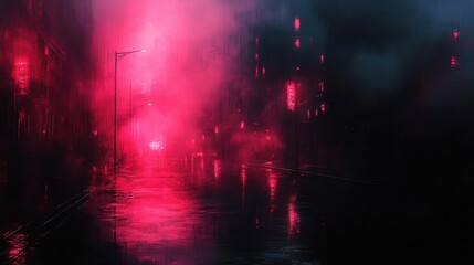 dark street illuminated by reflections on wet asphalt enhanced by abstract pink background and hints of fog creating a moody and atmospheric urban scene