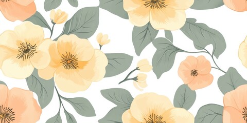 A floral pattern featuring soft yellow and peach flowers with green leaves on a white background.