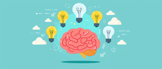 A colorful illustration of a brain surrounded by light bulbs, symbolizing creativity, ideas, and inspiration against a blue background.