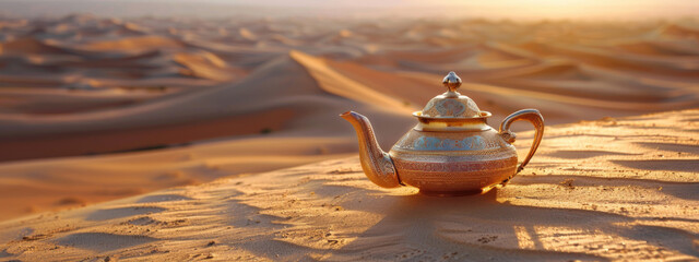 Oriental gold teapot lying on the sand in the desert dunes, Landscape at Sunrise