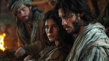 Fototapeta premium Three figures in ancient attire gather around a warm fire, sharing a moment of contemplation in a rustic setting. Generative AI