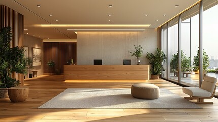 A modern reception area with neutral colors, wooden finishes, and minimalist d cor creating a warm, inviting space