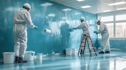 Three painters working on a large room with blue paint.