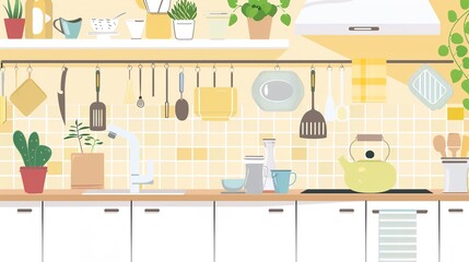 Modern kitchen with wooden shelves, plants, jars, and utensils. Bright
, organized, and cozy with natural light and stylish decor.
