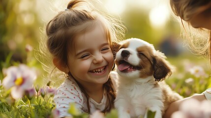 A young girl and her puppy share a joyful moment in a sunny garden, surrounded by blooming flowers.
