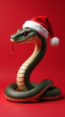 Fototapeta premium Symbol of 2025 snake in Santa's cap on red background