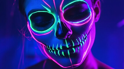 Neon skull makeup art on a dark background