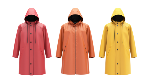 Stylish raincoats in vibrant colors pink, orange, and yellow. Perfect for staying dry while making fashion statement. Ideal for rainy days and outdoor activities