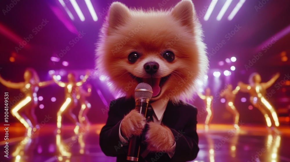 Aufkleber a cheerful dog dressed in a formal suit holds a microphone while confidently performing on stage. in