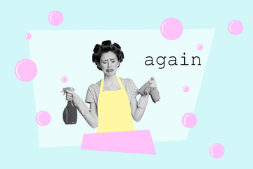 Composite photo collage of upset cry housemaid hold cleaner spray duster again tidy cleaning work chores isolated on painted background