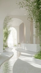 Fototapeta premium Design an interior space with white walls, green plants, and bamboo.