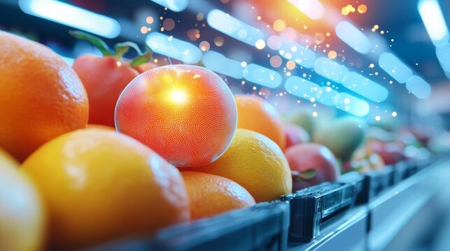 Close-up of a sensor checking the freshness of packaged fruits in a grocery store, smart packaging, food technology integration